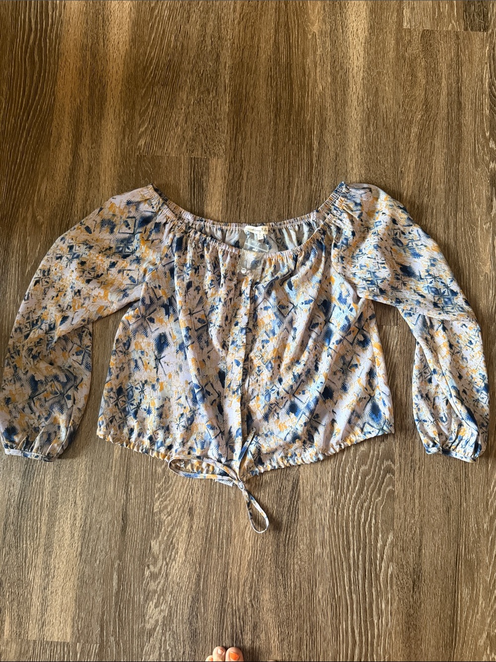 👄 Honey Belle Blue & Cream Tie-Front Off-Shoulder Blouse